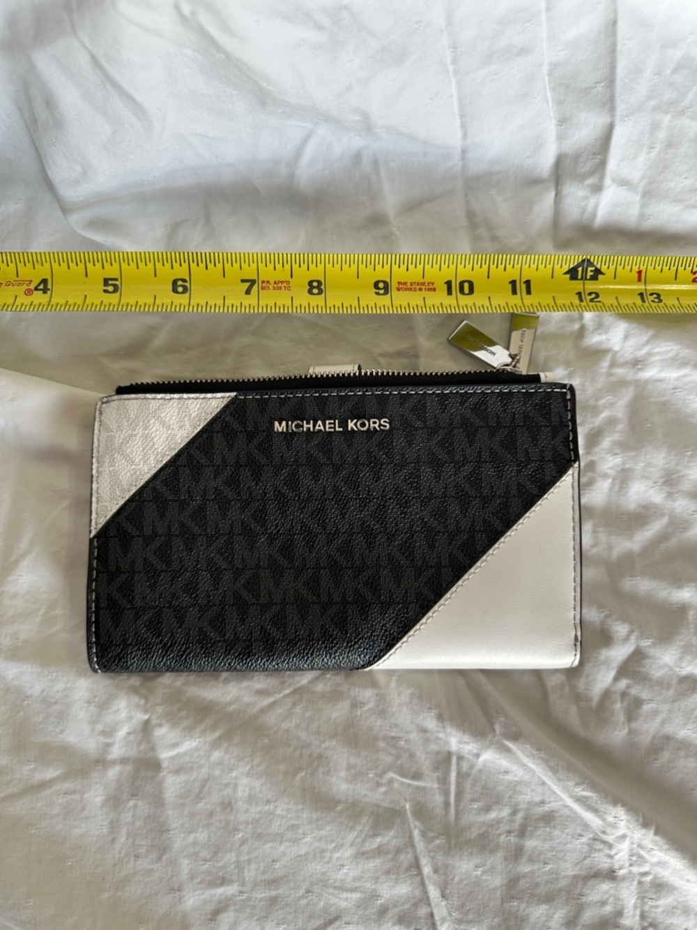 Michael Kors Black and White Diagonal Logo Zip Wallet